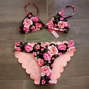 Size Medium black pink floral bikini new with tags